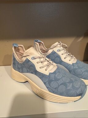 Coach Blue Signature Jacquard Sneakers with Cream Accents